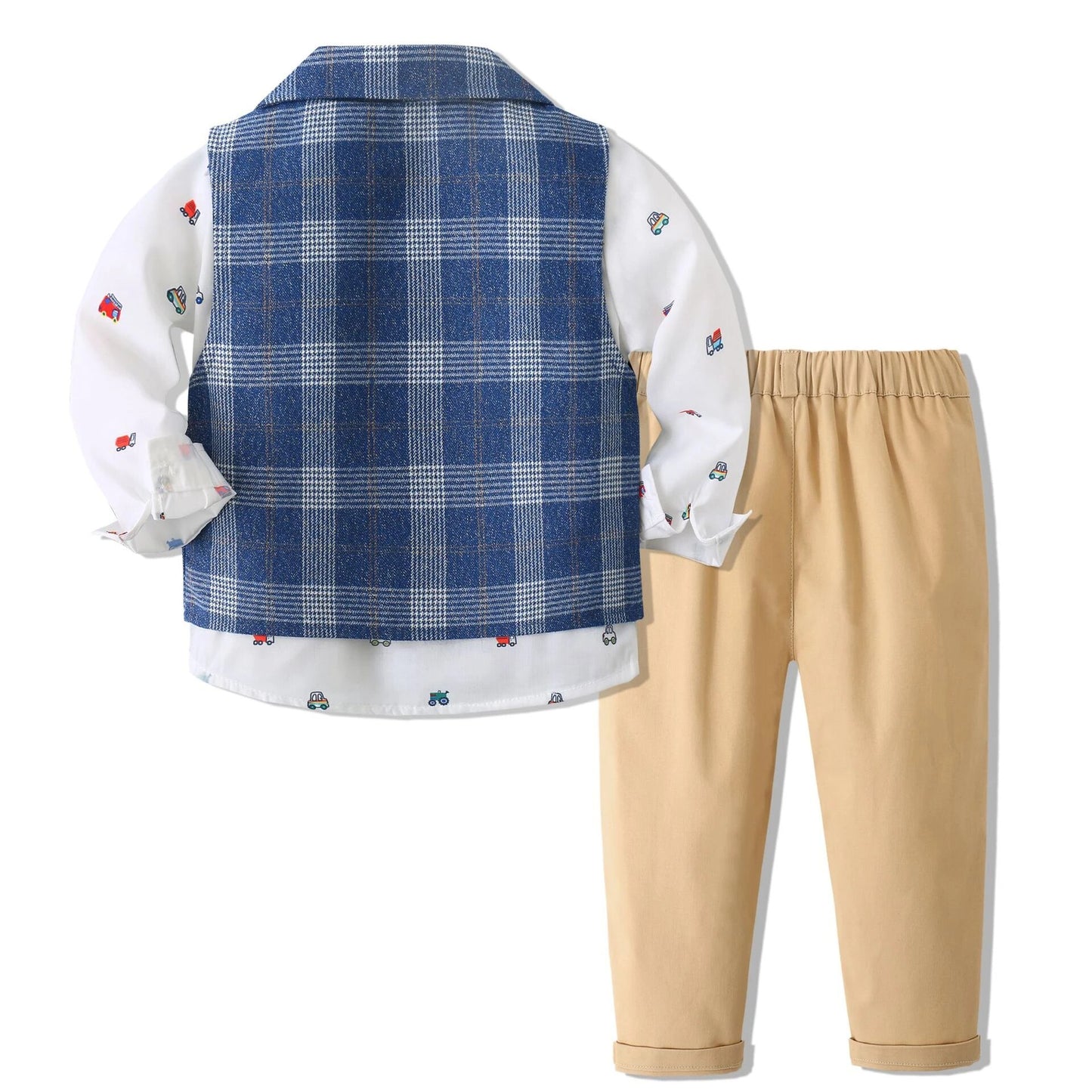 Outfit Plaid Vest with Car Printed Shirt Kid Daily Clothes