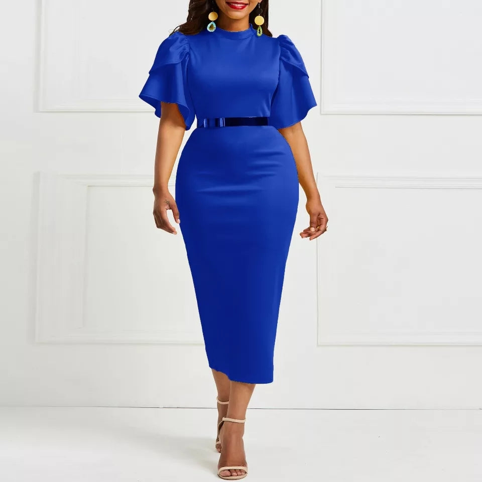 Women Vintage Ruffle Yellow Blue Bodycon Dress