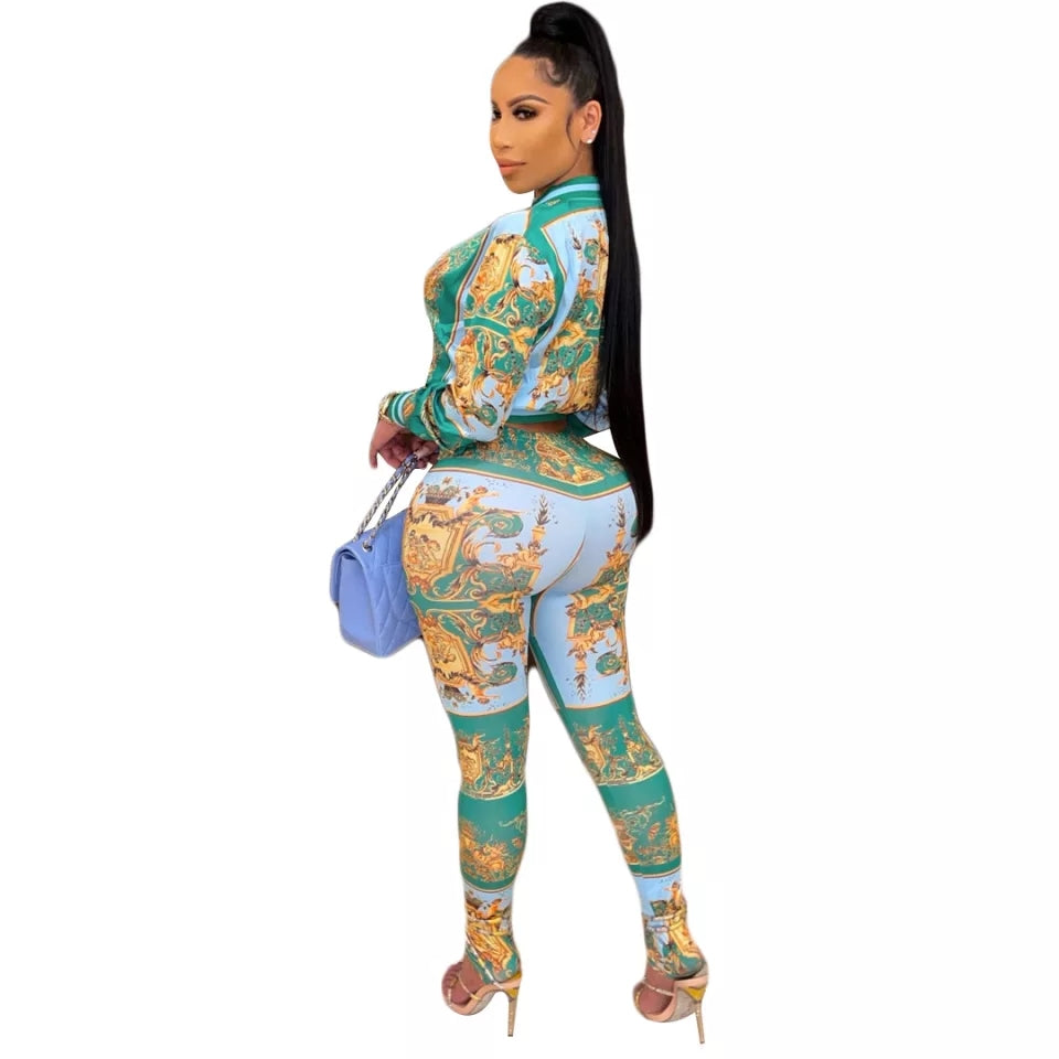 Women's Wear Office Lady Style Long Sleeve Top + Pants Sexy Fashion Digital Print Zipper Pencil Tracksuit