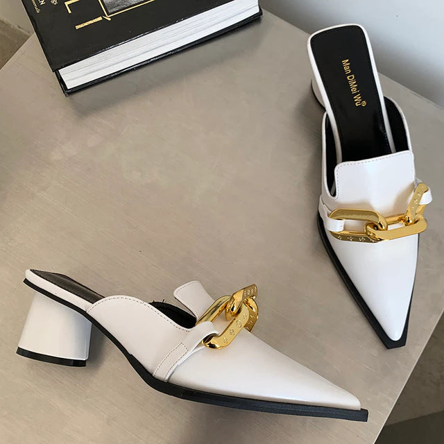 Women Pointed Toe Slippers White 5cm Block High Heels