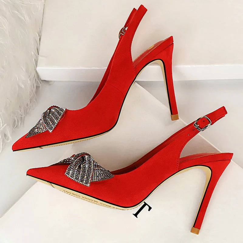 9.5cm High Heels Wedding Bridal Stripper Glitter Crystal Heels Prom Red Shoes