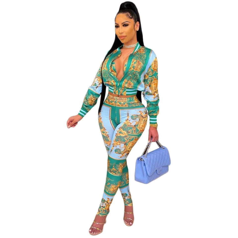 Women's Wear Office Lady Style Long Sleeve Top + Pants Sexy Fashion Digital Print Zipper Pencil Tracksuit