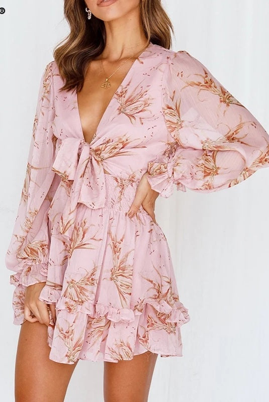 V Neck Chiffon Print Dress Self-tie Knot Front Ruffles Leopard Dress