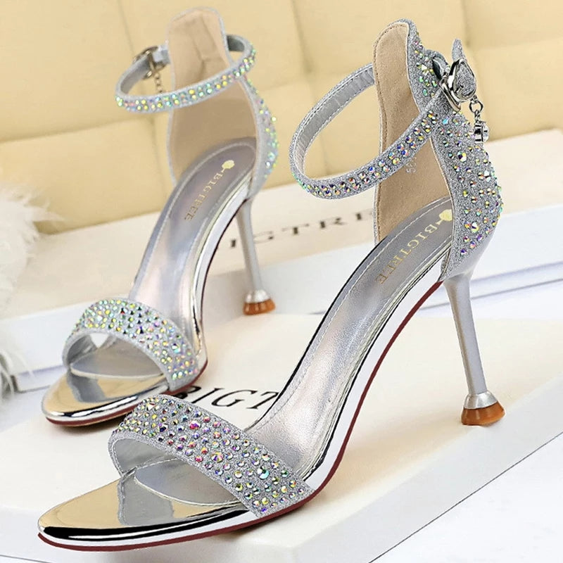 Rhinestone Sexy High Heels Strappy Sliver Gold Wedding Shoes