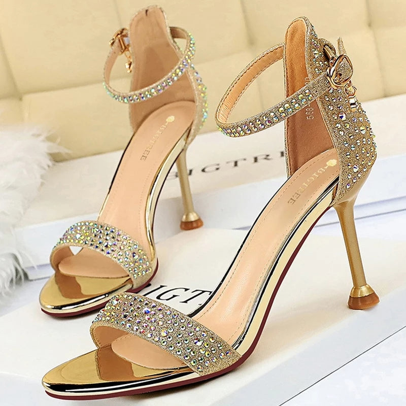 Rhinestone Sexy High Heels Strappy Sliver Gold Wedding Shoes