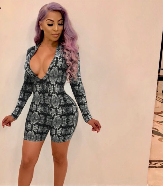 Women's Deep V Neck Long Sleeve Bodycon Snakeskin Print Jumpsuit