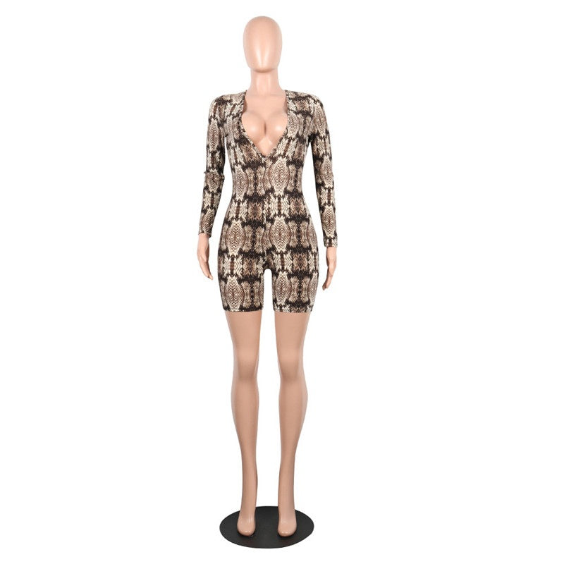 Women's Deep V Neck Long Sleeve Bodycon Snakeskin Print Jumpsuit
