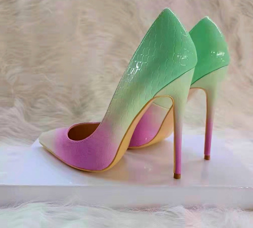 Gradient Mint Pink Women Crocodile Effect Pointy Toe High Heel Shoes