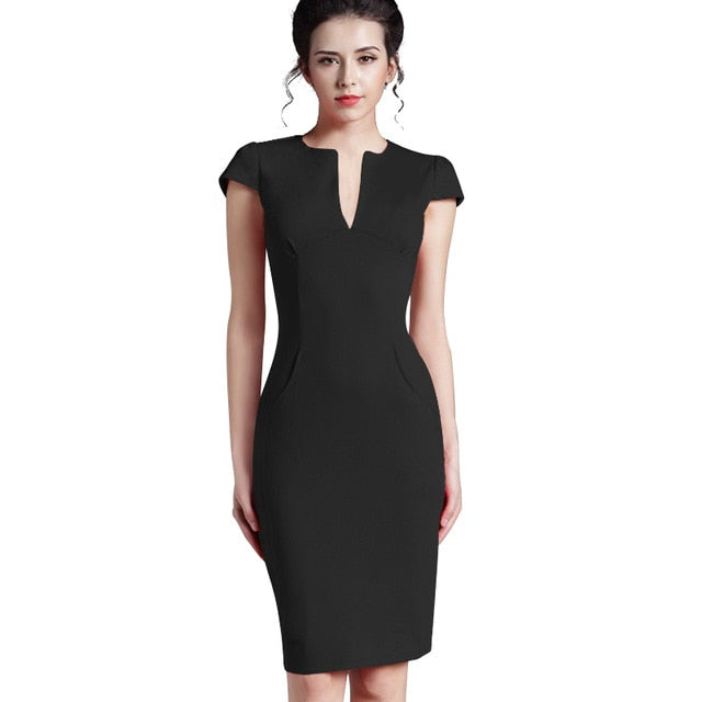 Deep V neck Zipper Back Formal Stretch Pencil work Bodycon