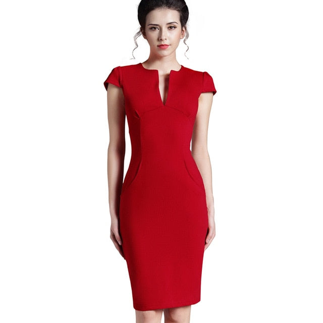 Deep V neck Zipper Back Formal Stretch Pencil work Bodycon