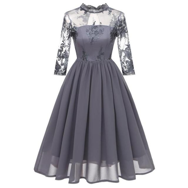 Women Elegant Lace Chiffon Evening Party Dress Fashion Hollow O-neck Dresses