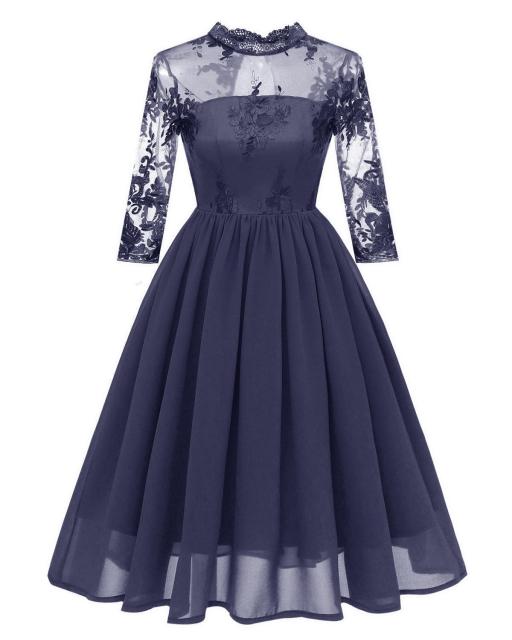 Women Elegant Lace Chiffon Evening Party Dress Fashion Hollow O-neck Dresses