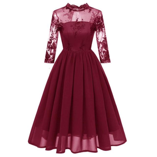 Women Elegant Lace Chiffon Evening Party Dress Fashion Hollow O-neck Dresses