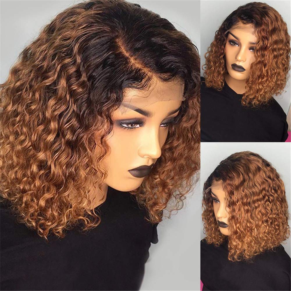 13*4 Ombre Brown Color Curly Human Hair Lace Front Pixie Cut Bob
