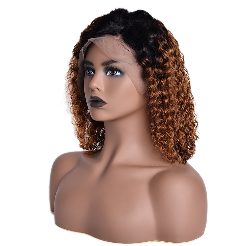 13*4 Ombre Brown Color Curly Human Hair Lace Front Pixie Cut Bob