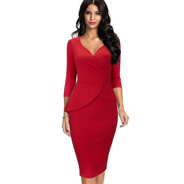 Elegant Office Dresses Business Formal Fitted Slim Peplum Dress