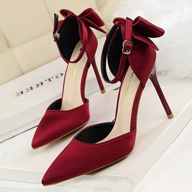 Shoes Bow Woman Pumps Silk High Red Wedding Shoes