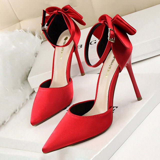 Shoes Bow Woman Pumps Silk High Red Wedding Shoes