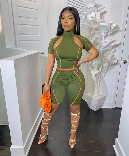 Women Short Sets Solid Sheath Elastic Turtleneck Short Sleeves