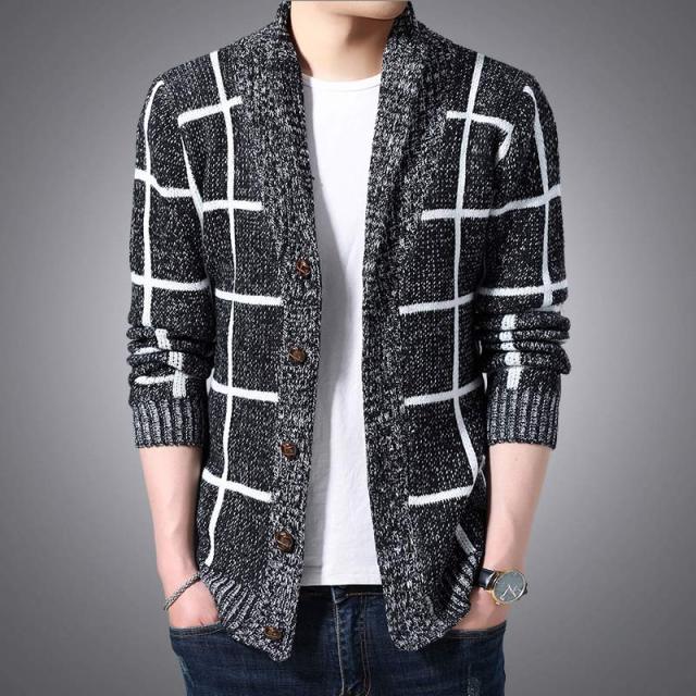 Thick Warm Winter Plaid Knitted Pull Cardigan Knit Mens Sweaters