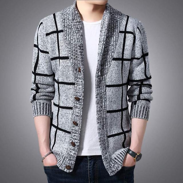 Thick Warm Winter Plaid Knitted Pull Cardigan Knit Mens Sweaters