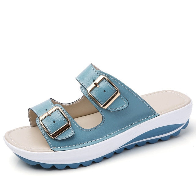 Women Slippers Buckle Real Leather Slides Shoes