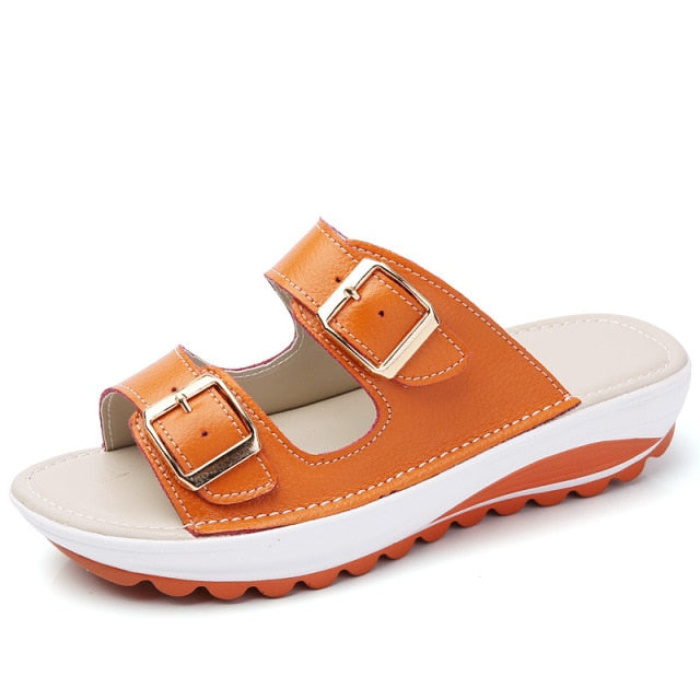 Women Slippers Buckle Real Leather Slides Shoes