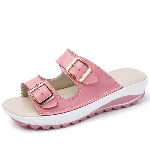Women Slippers Buckle Real Leather Slides Shoes