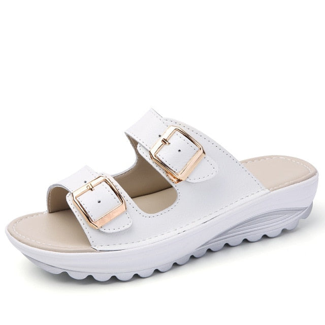 Women Slippers Buckle Real Leather Slides Shoes