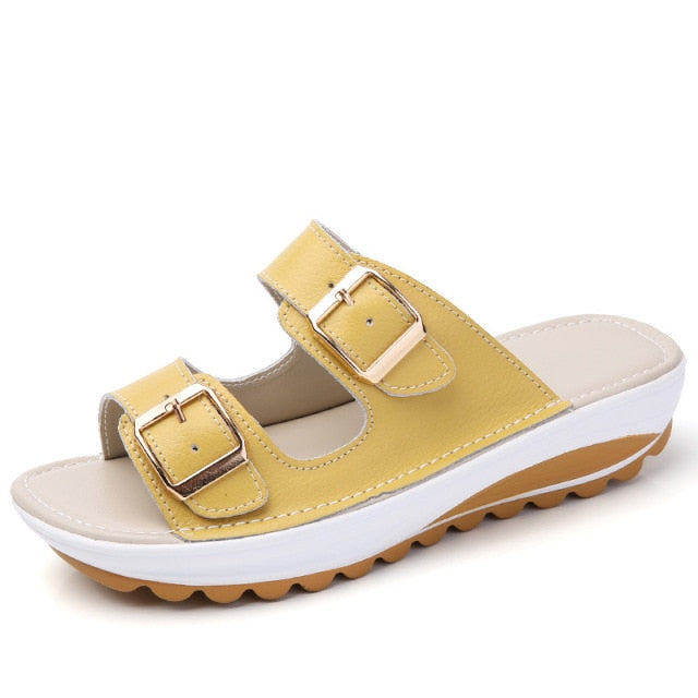 Women Slippers Buckle Real Leather Slides Shoes