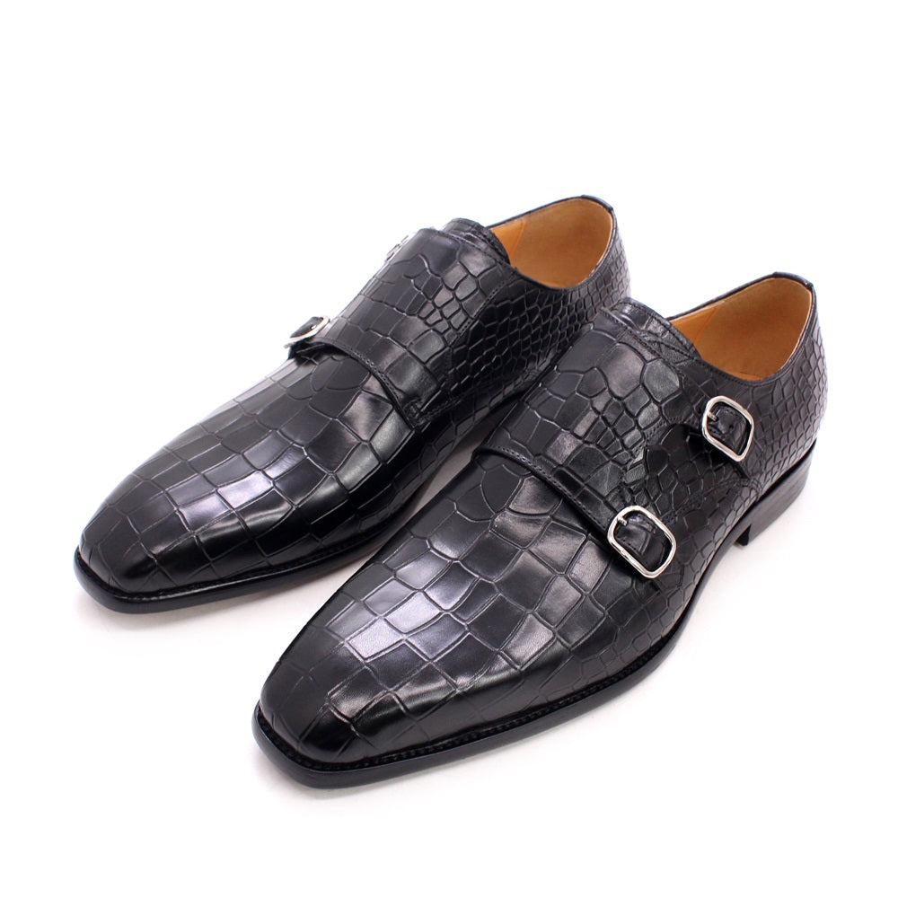 Mens Dress Shoes Real Cow Leather Crocodile Print Monk Strap Black Oxford Double Buckl Formal Shoes