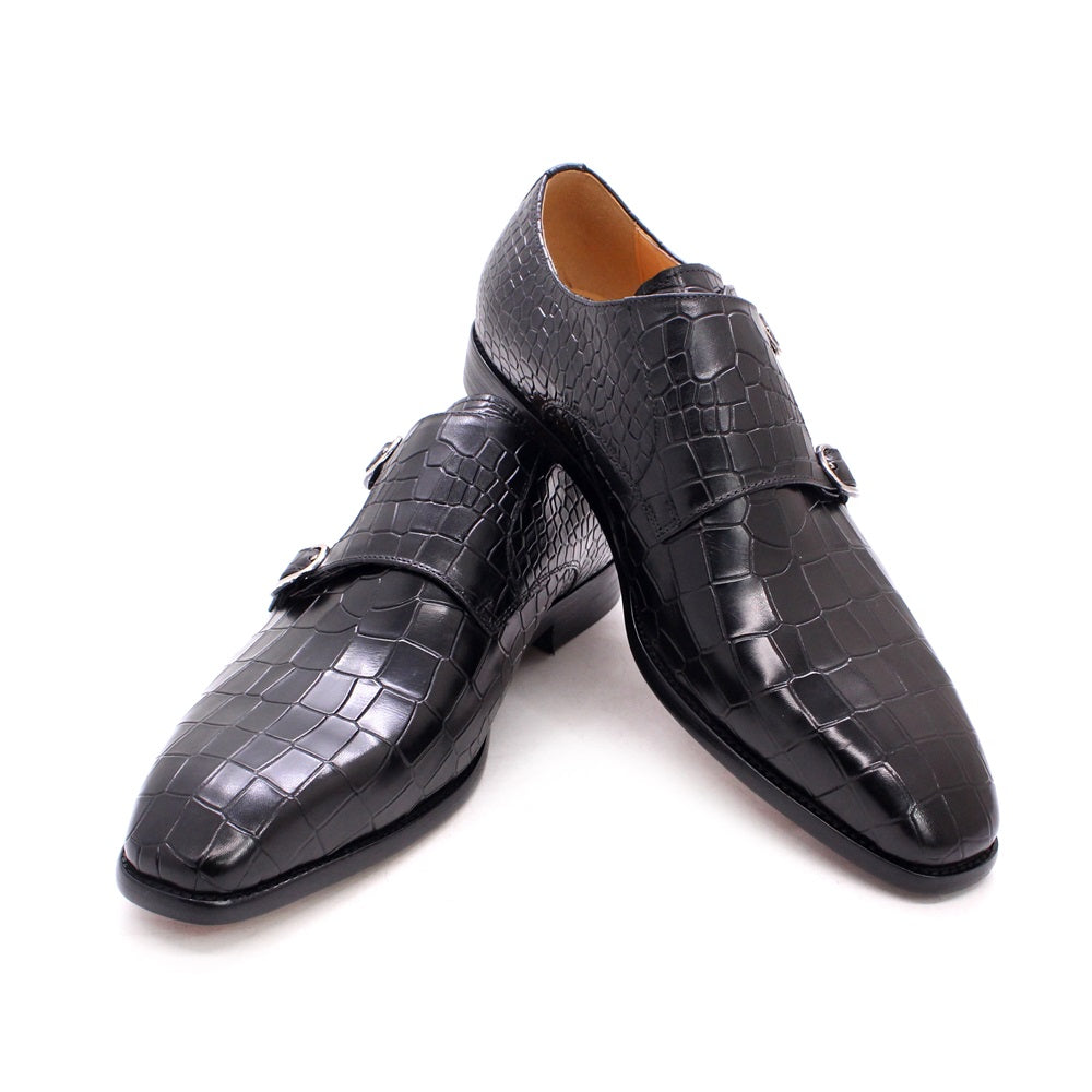 Mens Dress Shoes Real Cow Leather Crocodile Print Monk Strap Black Oxford Double Buckl Formal Shoes