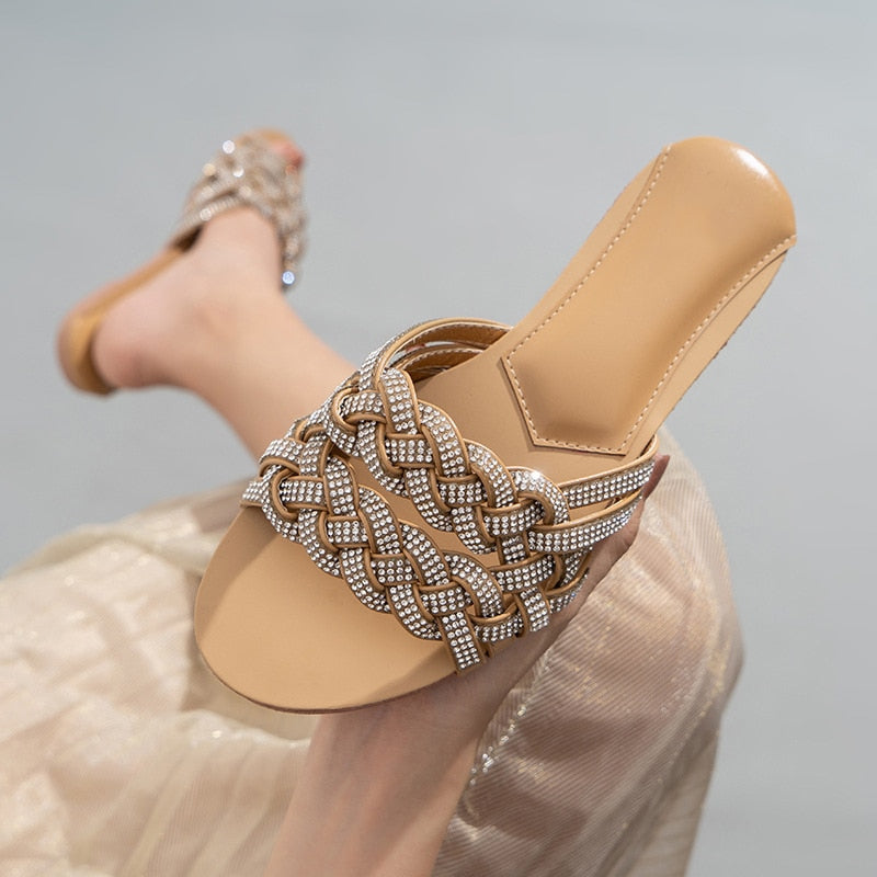 Summer Slipper Ladies Weave PU Leather Flat Shoes Fashion Slippers