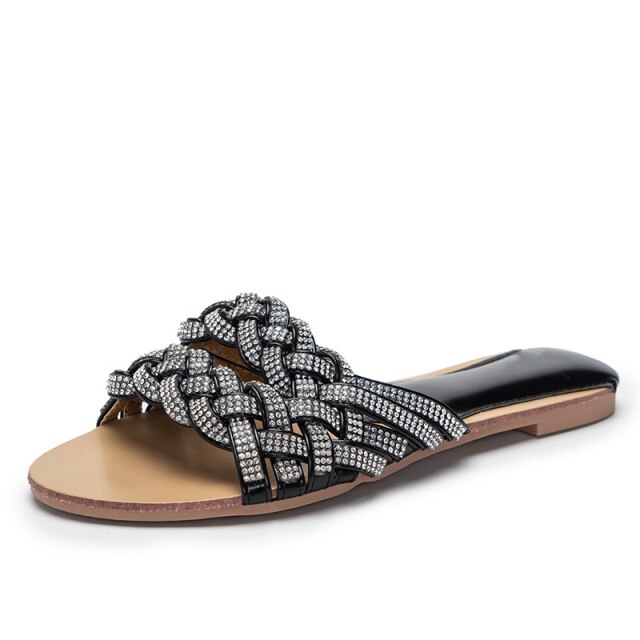 Summer Slipper Ladies Weave PU Leather Flat Shoes Fashion Slippers