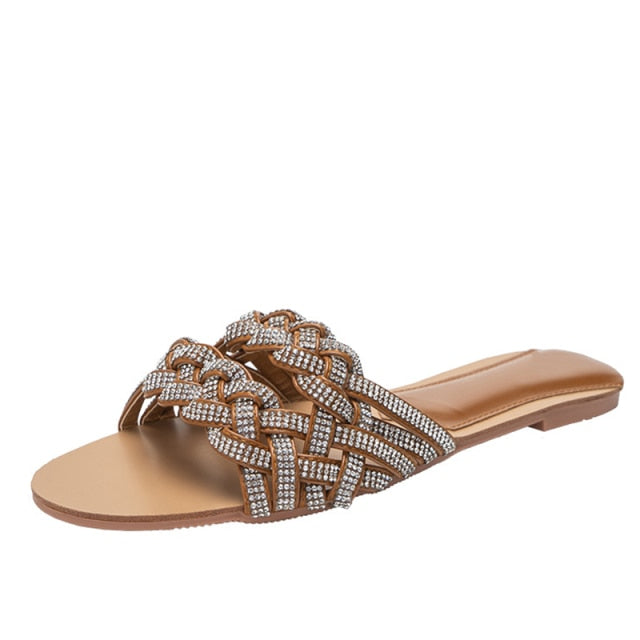 Summer Slipper Ladies Weave PU Leather Flat Shoes Fashion Slippers
