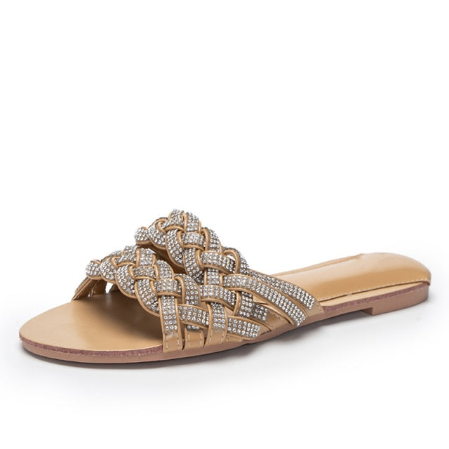 Summer Slipper Ladies Weave PU Leather Flat Shoes Fashion Slippers