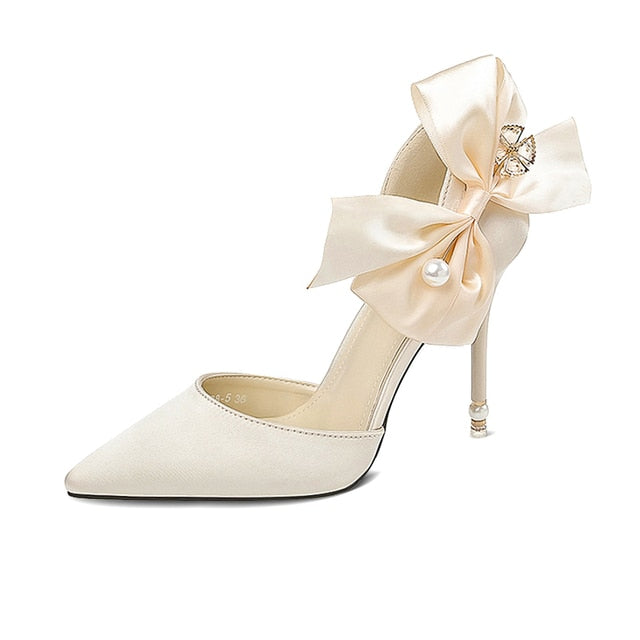 Designer Shoes Ladies Pearl Sandals Pointed Toe Butterfly Heels Luxury