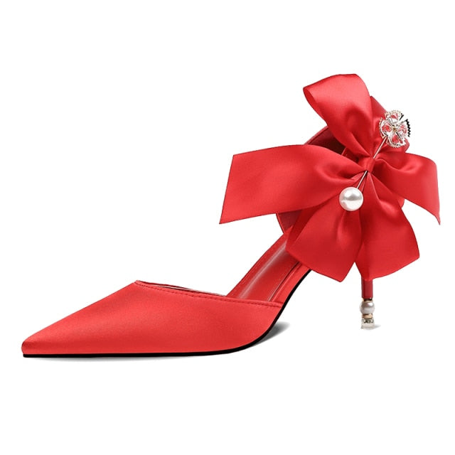 Designer Shoes Ladies Pearl Sandals Pointed Toe Butterfly Heels Luxury