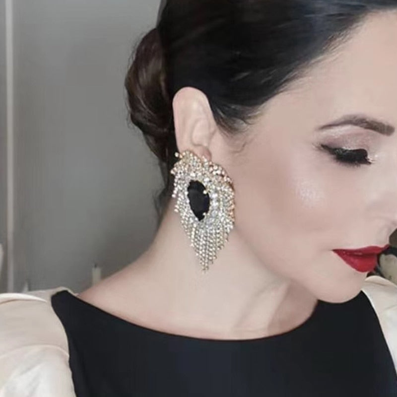 Exaggerated Rhinestone Tassel Tassel Earrings