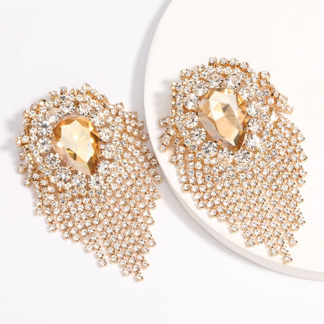 Exaggerated Rhinestone Tassel Tassel Earrings