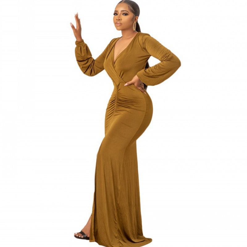 Women V Neck Lantern Sleeve Robes New Fashion Solid Color Slim Draped Dress