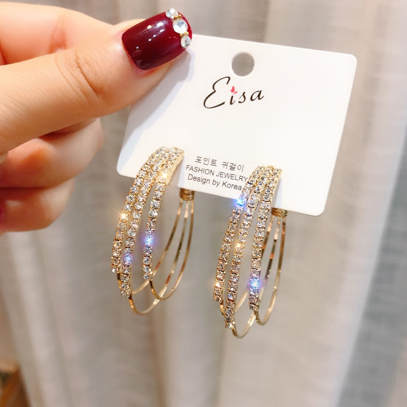 Exaggerated Rhinestone Shiny Circle Hoop Earrings Large Round Earrings