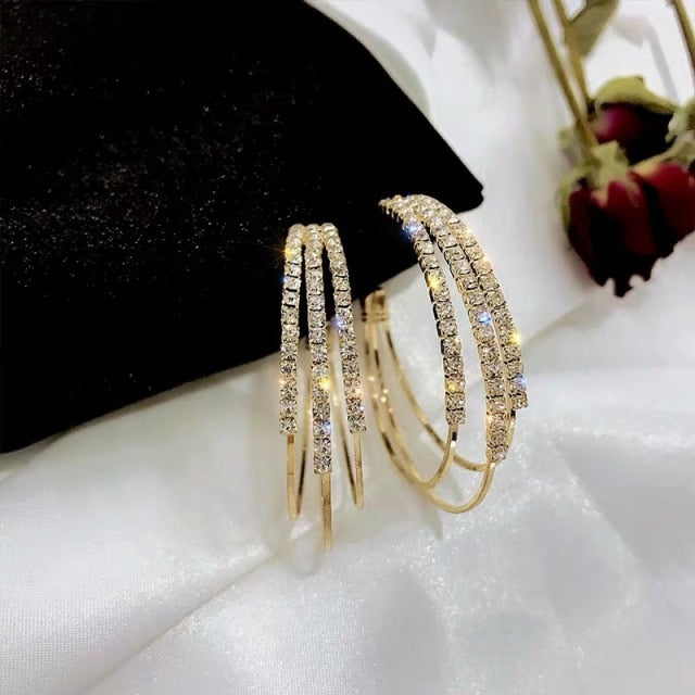 Exaggerated Rhinestone Shiny Circle Hoop Earrings Large Round Earrings