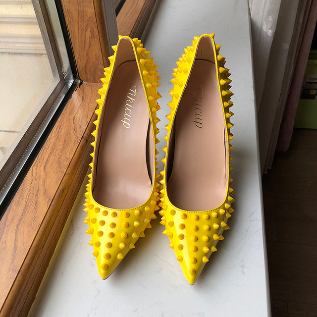 Yellow Full Spikes Women Pointy Toe High Heels Party Shoes