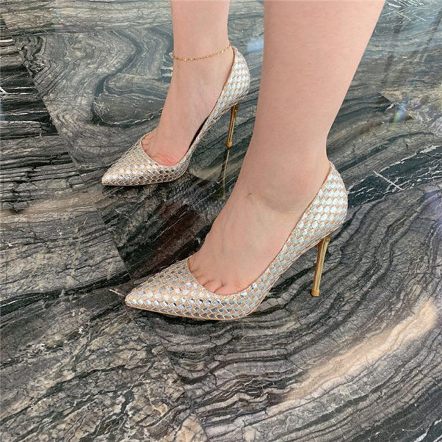 Shiny Plaid Chic Women High Heels Bling Party Dress Shoes