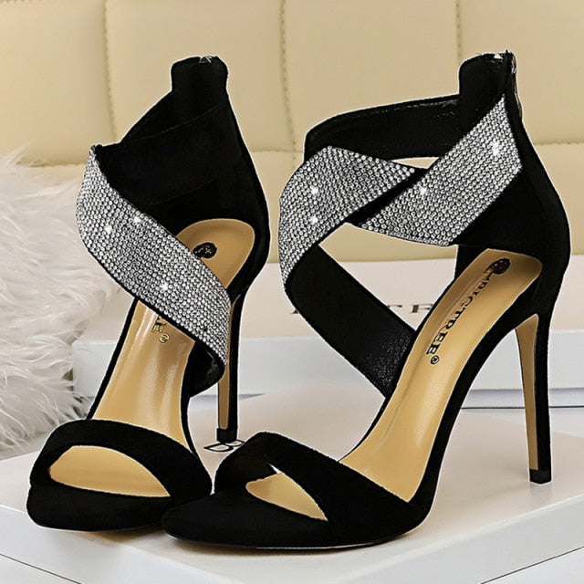 High Heels Sandals Bling Crystal Gladiators Sandals Blue Yellow Suede Heels Lady Party Shoes