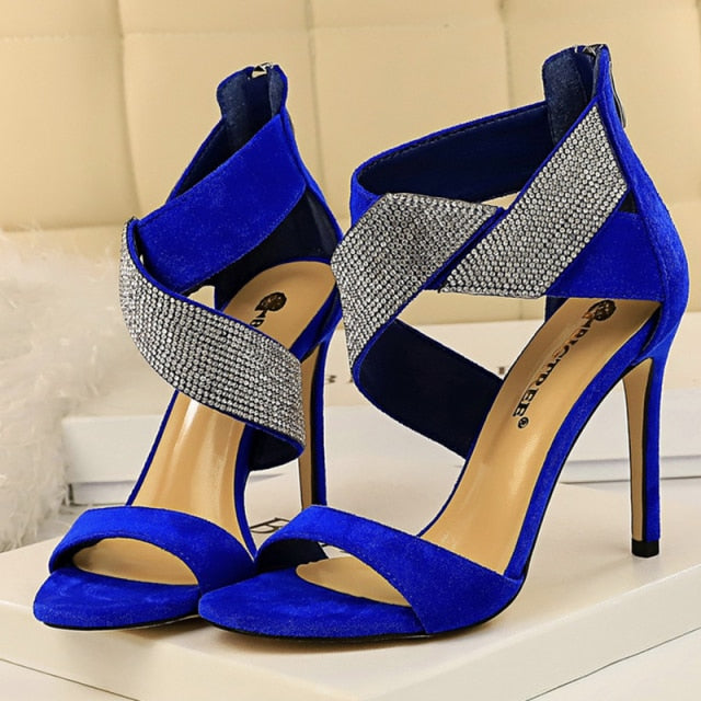 High Heels Sandals Bling Crystal Gladiators Sandals Blue Yellow Suede Heels Lady Party Shoes