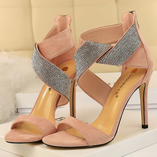 High Heels Sandals Bling Crystal Gladiators Sandals Blue Yellow Suede Heels Lady Party Shoes