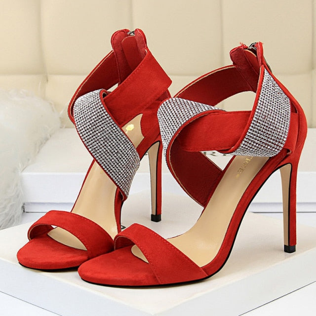 High Heels Sandals Bling Crystal Gladiators Sandals Blue Yellow Suede Heels Lady Party Shoes