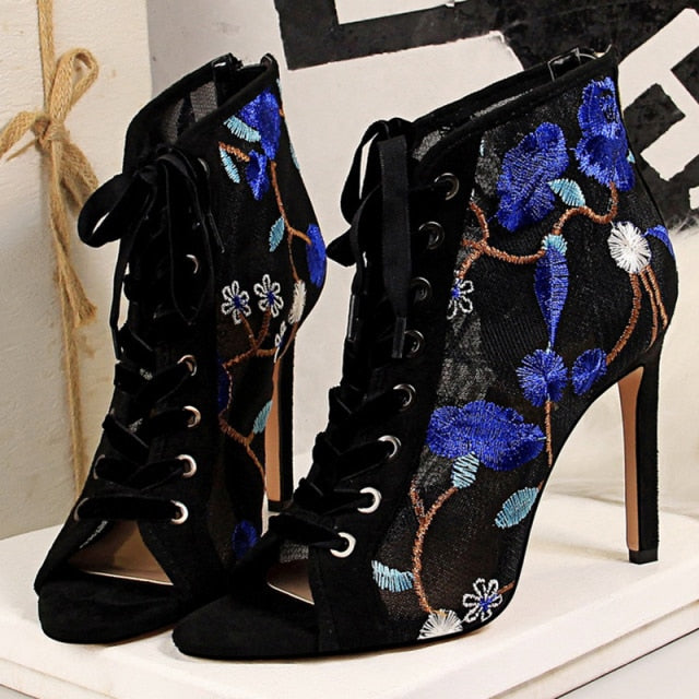 Women Designer 10.5cm Fetish High Heels Mesh Sandals Floral Lace Up Peep Toe Sandals